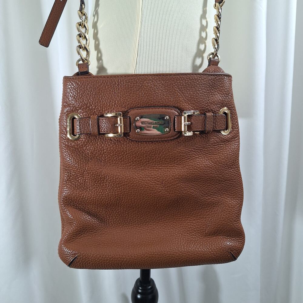 Michael Kors Purse Hamilton Brown/Tan Pebbled Leather Crossbody Shoulder Bag